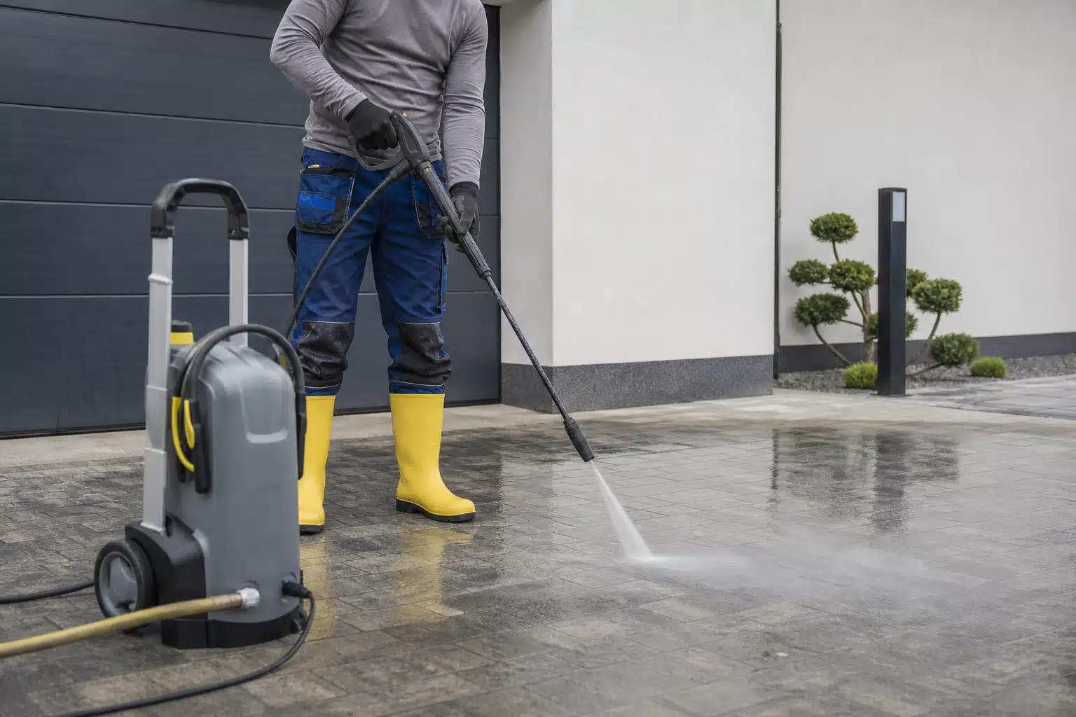 Personne en bottes jaunes nettoyant une allée à haute pression