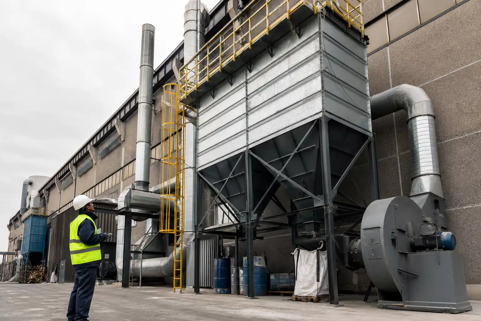 Dépoussiéreur industriel métallique avec ouvrier en gilet de sécurité