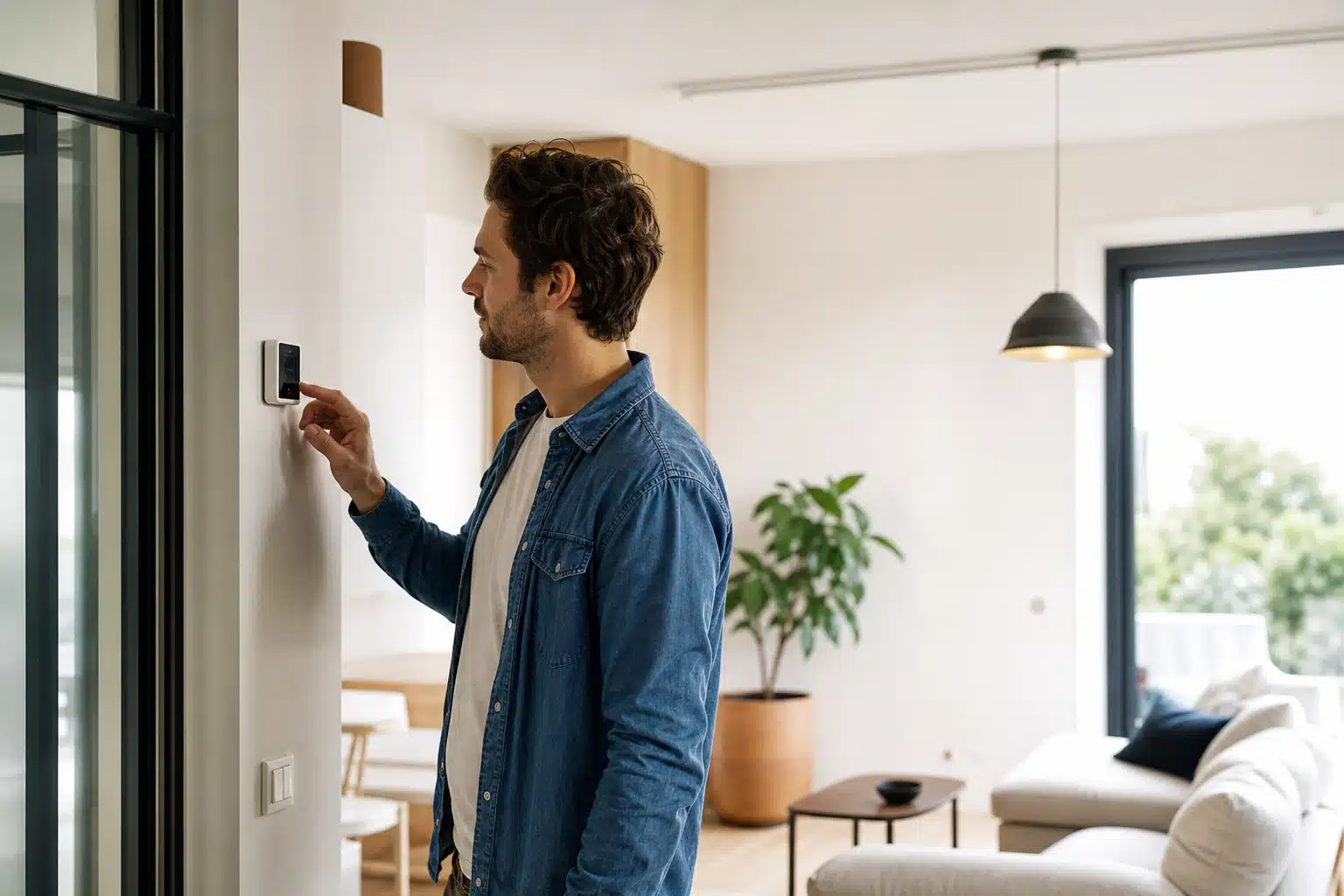 Homme réglant un thermostat mural dans le salon