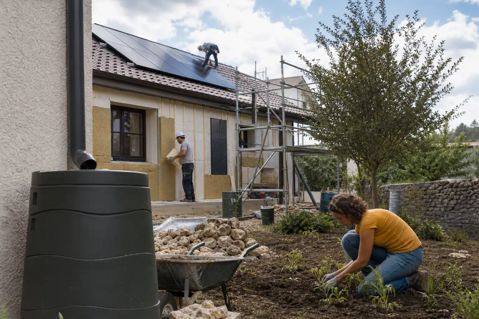 Deux ouvriers installant des panneaux solaires sur toiture