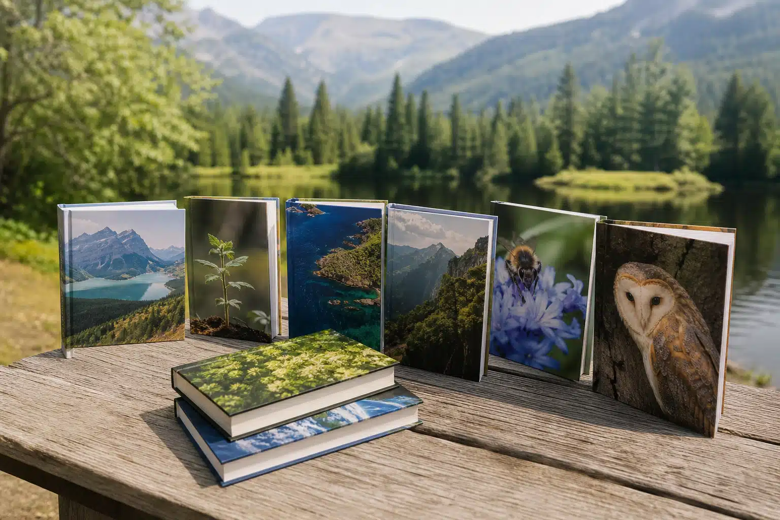 Tirages encadrés de paysages de montagne avec albums empilés