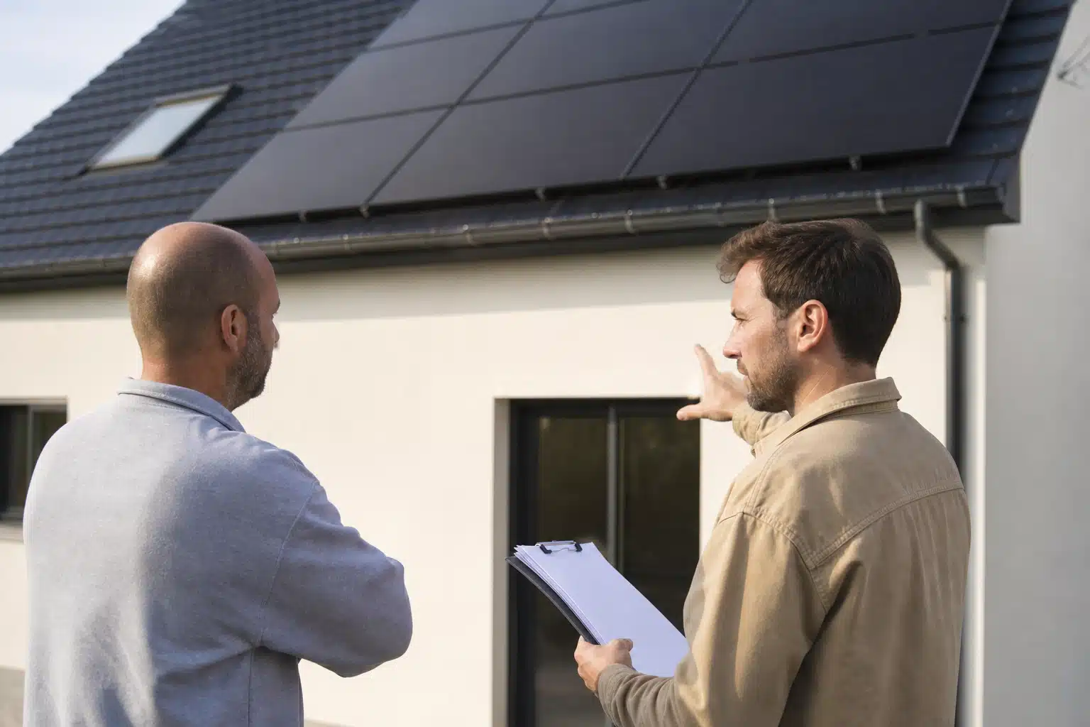Deux techniciens observant panneaux solaires sur toiture