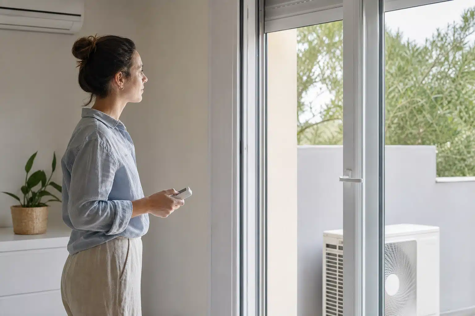 Femme tenant une télécommande devant baie vitrée