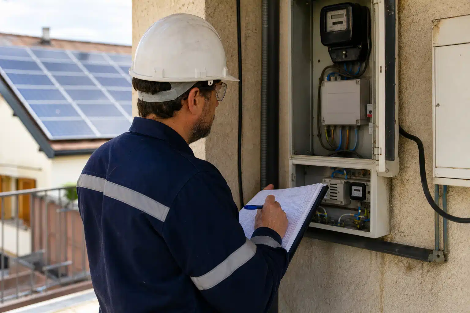 Technicien casqué prenant des notes devant compteur électrique
