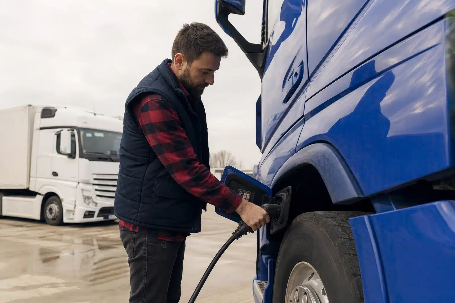 Homme faisant le plein d'un camion bleu