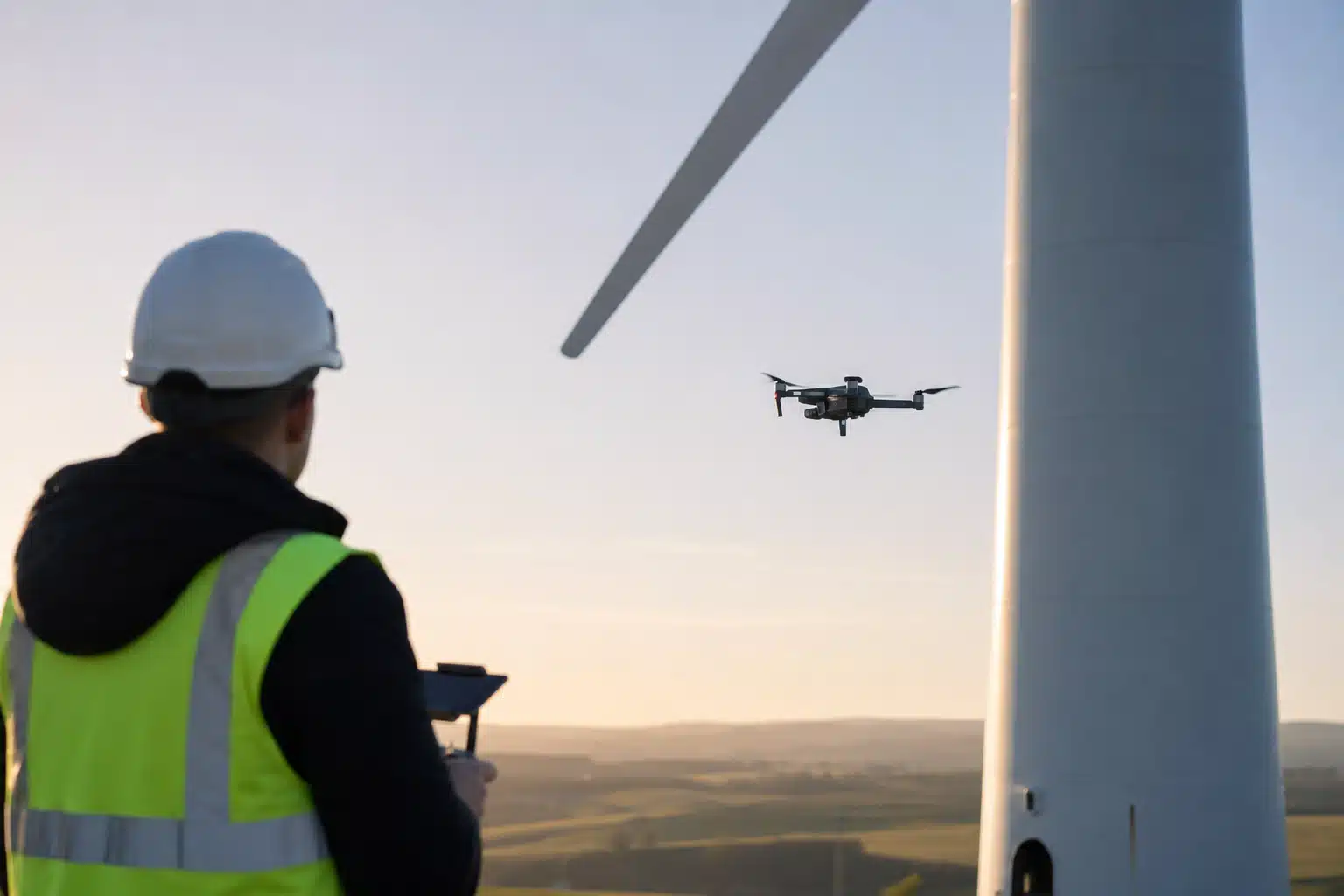 Opérateur contrôlant un drone près d'une éolienne