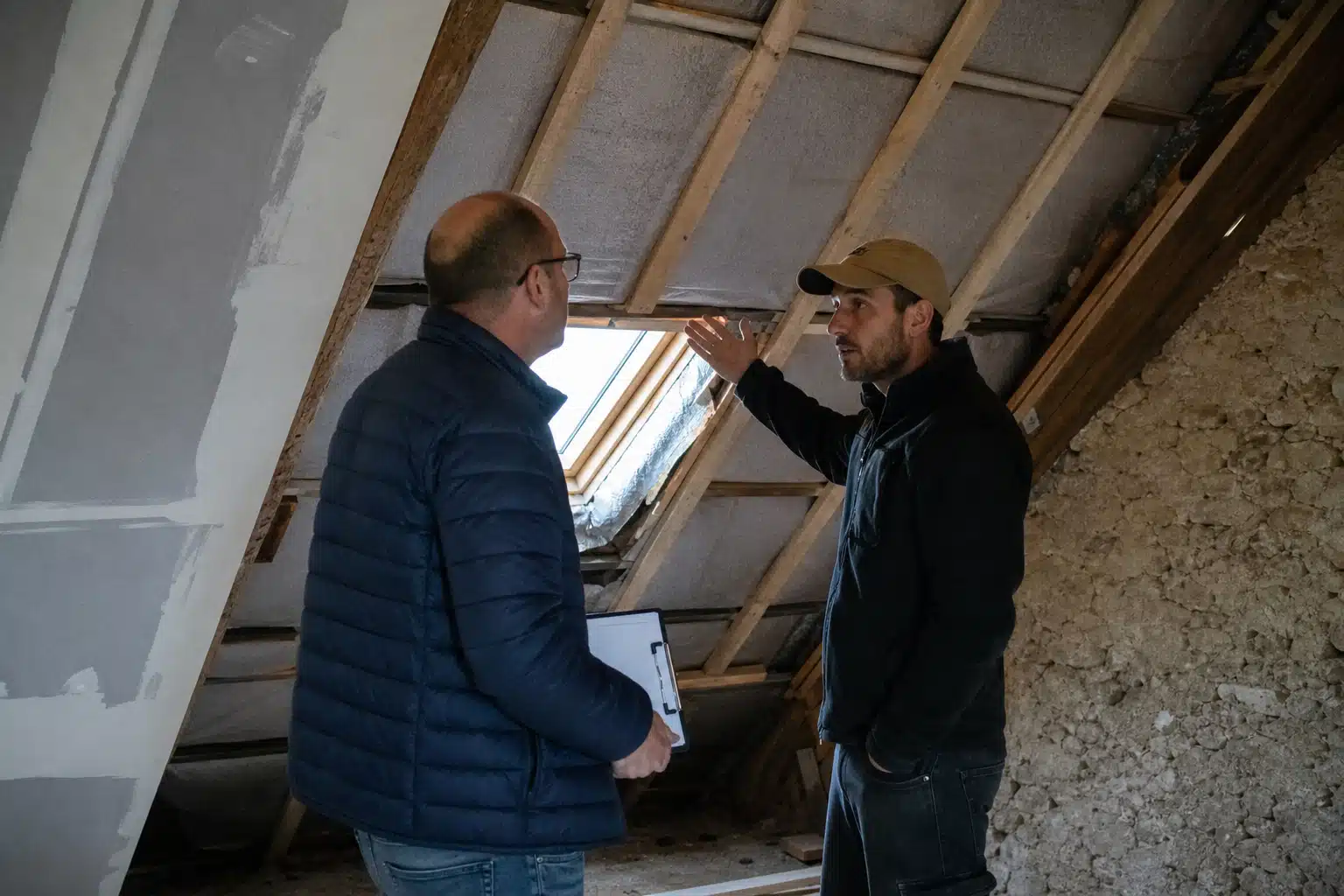 Deux hommes inspectent une fenêtre de toit dans les combles