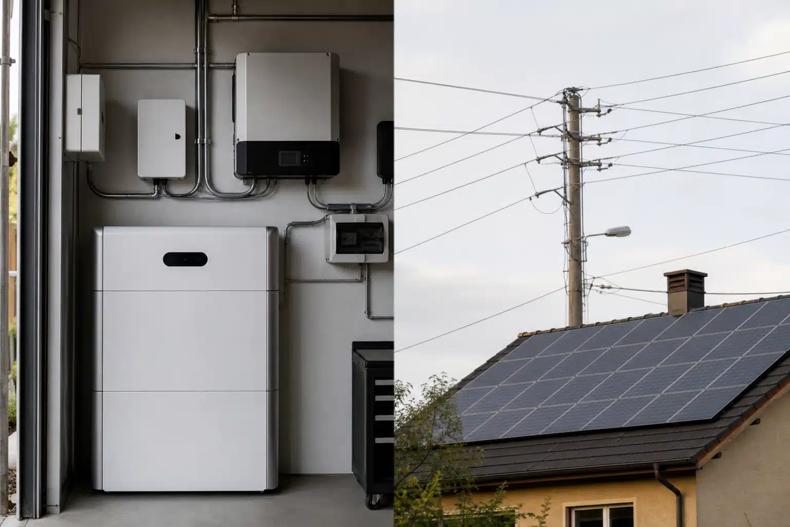 Batterie domestique et onduleur; panneaux solaires et poteau électrique