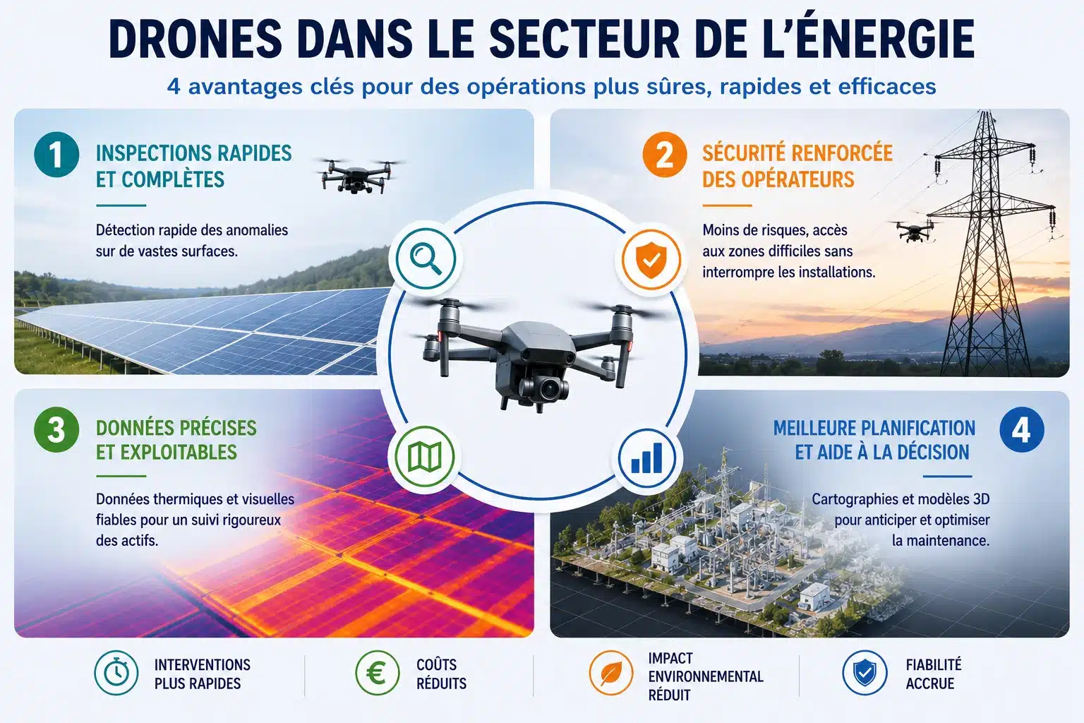 Drone survolant parc éolien et panneaux solaires