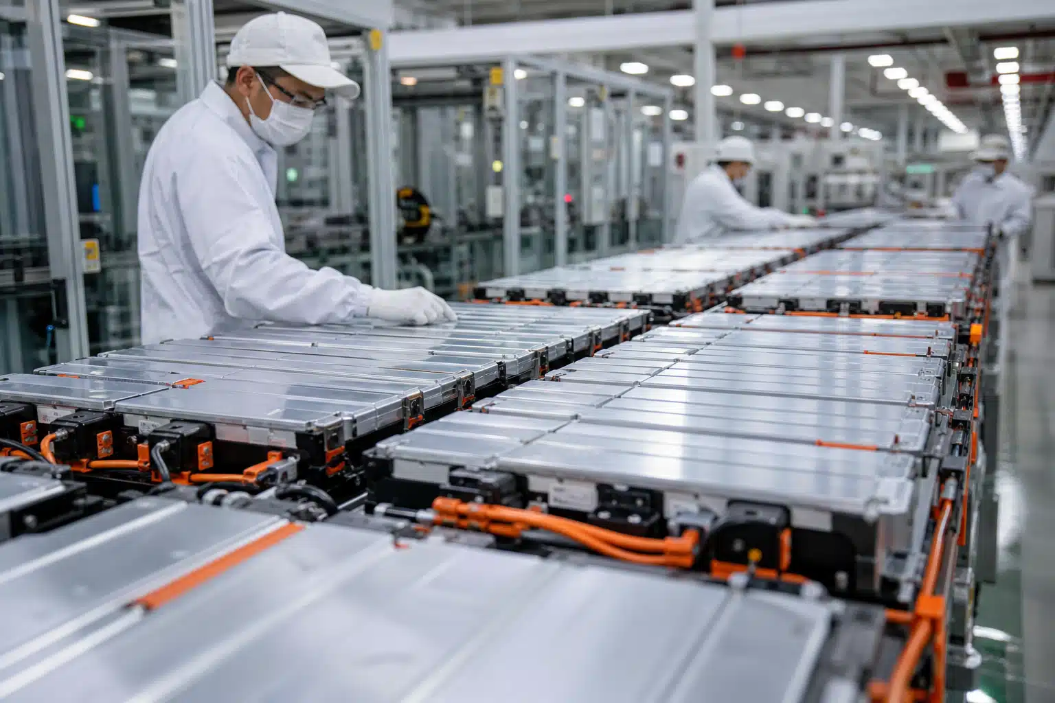 Technicien en blouse assemblant modules de batteries sur chaîne