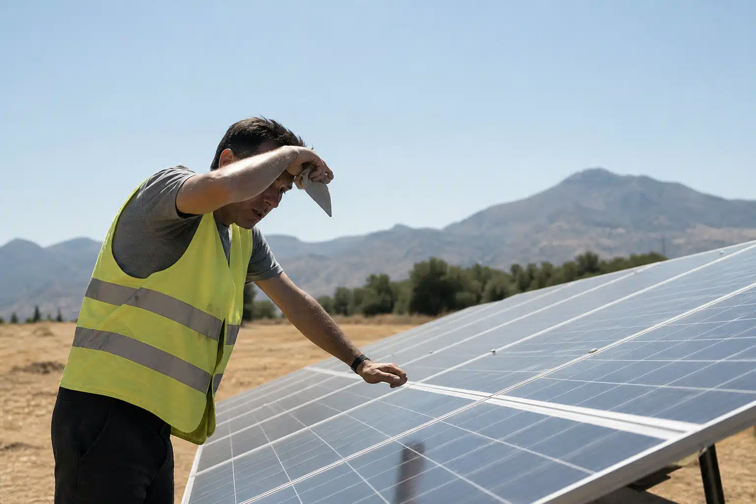 Technicien inspectant panneaux solaires photovoltaïques en plein air